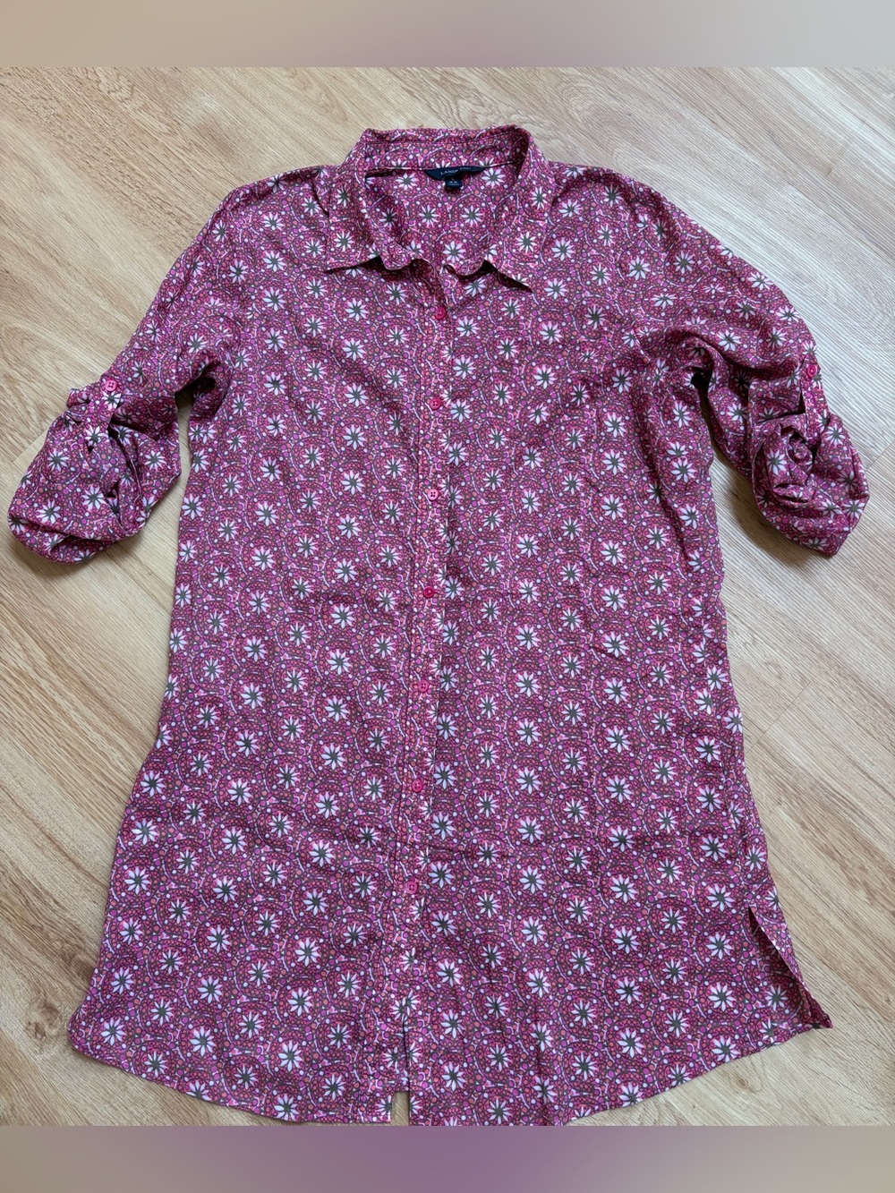 Lands' End Dress Tunic Pink Floral Medallion Button-Up Long Sleeves Roll Tab